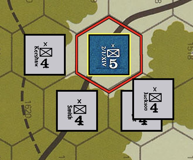 A screen shot from a game on Chickamauga where 4 Rebel brigades are attacking a single US brigade.