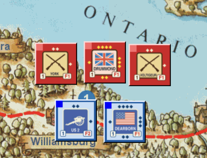 A screen shot from a game on the War of 1812 where 3 British units are attacking 2 American units.