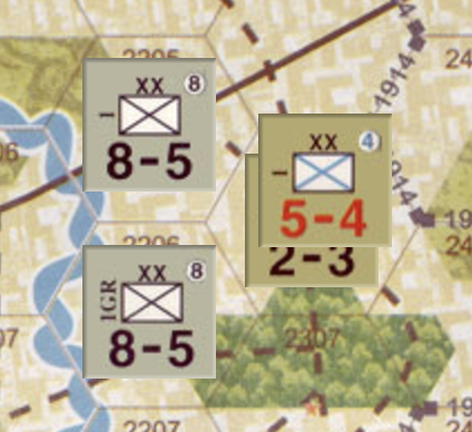 A screen shot from a game on the Battle of Tannenberg where 2 German infantry divisions are attacking 1 Russian infantry division supported by an artillery brigade.